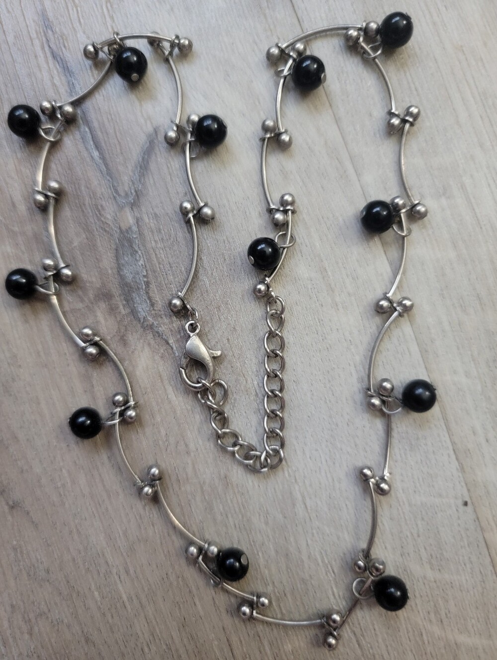 Vintage Y2K Whimsical Gothic Grunge Silver & Black Bead Statement Necklace